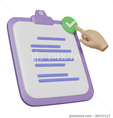 3d purple clipboard white checklist paper icon with hand pointing checkmark isolated. project plan, business strategy, quality control concept, 3d render illustration 3d purple clipboard white checklist paper icon with hand pointing checkmark isolated. project plan, business strategy, quality control concept, 3d render illustration 98523125