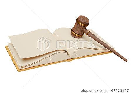 3d wooden judge gavel, hammer auction with open book isolated. law, justice system symbol concept, 3d render illustration 98523137