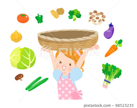 A set of a girl in an apron, a basket and vegetables 98523235