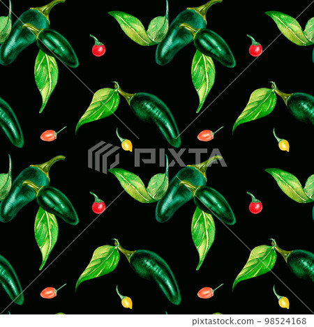 Jalapeno and little peppers. spicy watercolor seamless pattern isolated on dark. 98524168
