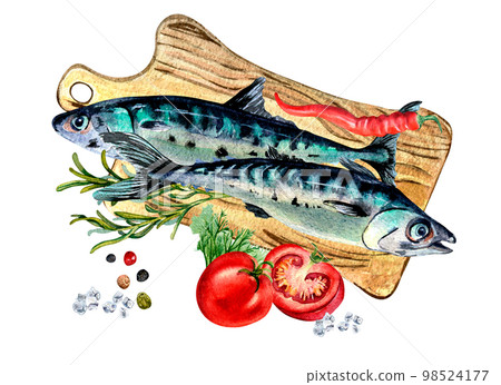 Mackerel and spice on cutting board watercolor illustration isolated on white. 98524177