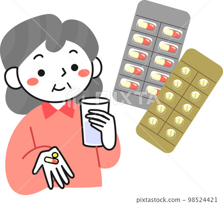 吃藥和吃藥的老年婦女上半身 98524421
