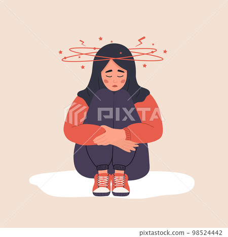 Anemia concept. Sad arabic woman with dizziness sitting on floor. Unhappy girl suffers from vertigo and headache and needs medical help. Disease symptom. Vector illustration in flat cartoon style Anemia concept. Sad arabic woman with dizziness sitting on floor. Unhappy girl suffers from vertigo and headache and needs medical help. Disease symptom. Vector illustration in flat cartoon style 98524442