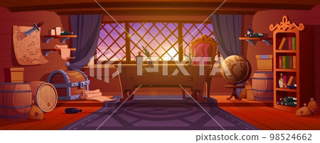 Old pirate ship cabin inside at sunset Old pirate ship cabin inside at sunset 98524662