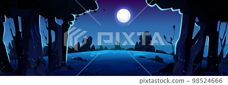 Summer night landscape with trees, bushes, grass 98524666