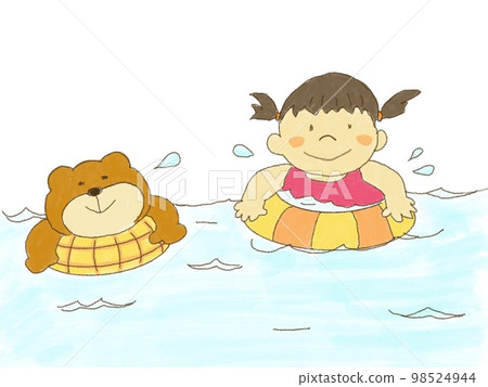 孩子和熊在海裡游泳 98524944