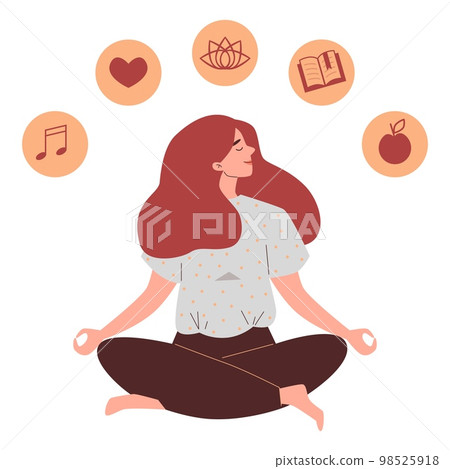 Stress relief with woman practicing yoga meditation, flat vector isolated. 98525918