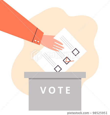Hand drops the ballot into ballot box flat cartoon vector illustration isolated. 98525951