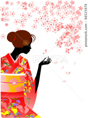 Silhouette of a woman in a kimono and cherry blossoms 98525979