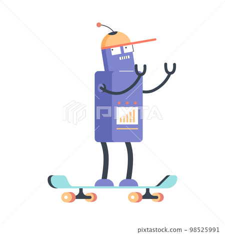 Funny robot skating, cute character design - cartoon flat vector illustration isolated on white background. Funny robot skating, cute character design - cartoon flat vector illustration isolated on white background. 98525991