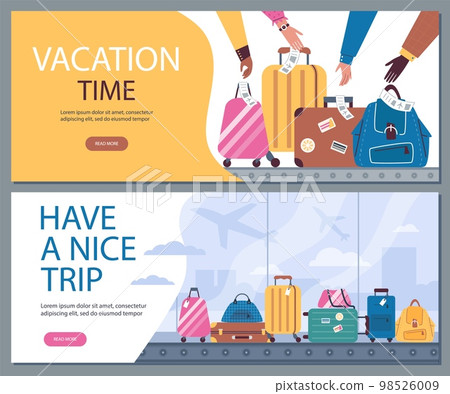 Travel and vacation trip banners or posters for social media and print, vector. Travel and vacation trip banners or posters for social media and print, vector. 98526009