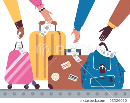 Hands of people taking luggage in airport flat vector illustration isolated. 98526010