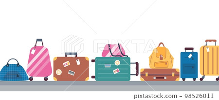 Baggage on conveyor belt in airport terminal flat vector illustration isolated. 98526011