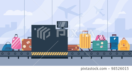 Airport security control point for passengers luggage, flat vector illustration. Airport security control point for passengers luggage, flat vector illustration. 98526015