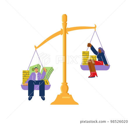 Inequality of salary for men and women, scales as symbol of gender inequality, flat vector illustration isolated. Inequality of salary for men and women, scales as symbol of gender inequality, flat vector illustration isolated. 98526020