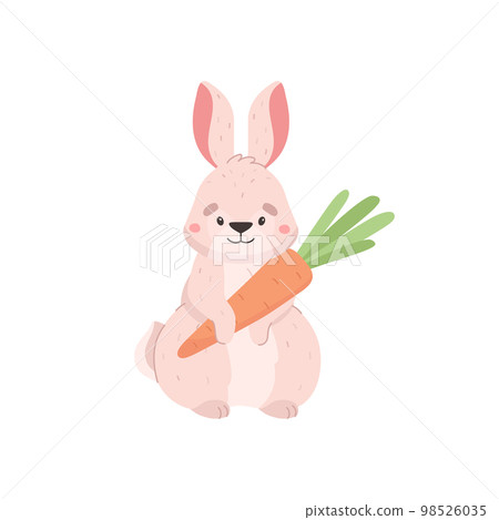 Easter rabbit or bunny with carrot in paws flat vector illustration isolated. 98526035