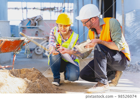construction engineer team check quality of build sand material for strength quality of new building construction engineer team check quality of build sand material for strength quality of new building 98526074