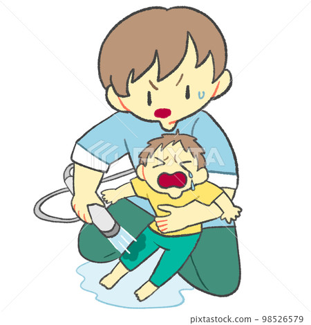 A father who gives first aid by pouring water on a burnt child 98526579