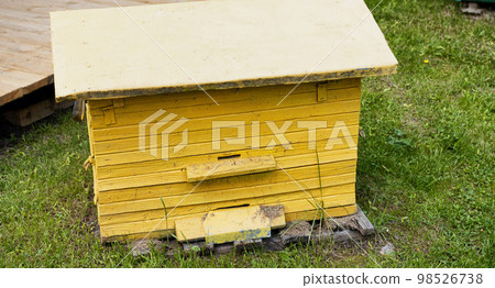 yellow wooden beehive in the apiary. Breeding bees and extracting honey. yellow wooden beehive in the apiary. Breeding bees and extracting honey. 98526738