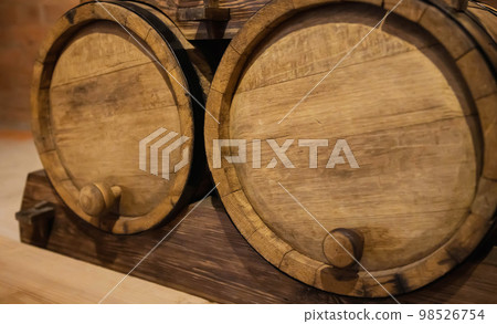 Two wooden barrels for storing gunpowder. Historical 98526754