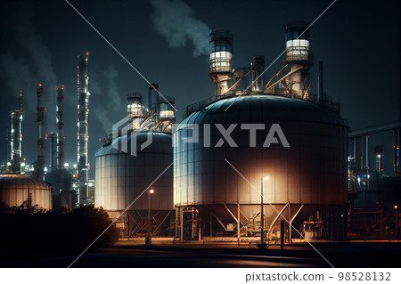 Pipes, oil storage tanks, pipelines of a petrochemical plant at night. Pipes, oil storage tanks, pipelines of a petrochemical plant at night. 98528132