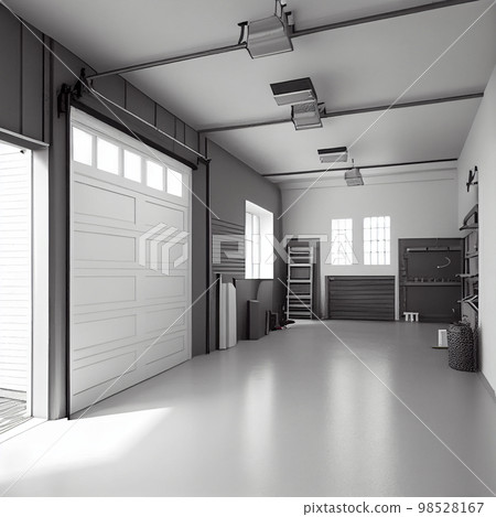 Roller door, warehouse or hangar. Industrial building interior consist of polished concrete floor and closed door for product display or industry background. 98528167