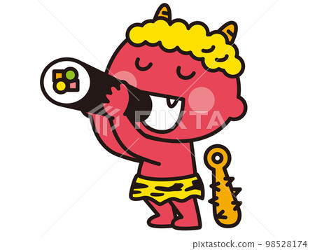 A child's red demon bites into an ehomaki - Stock Illustration ...