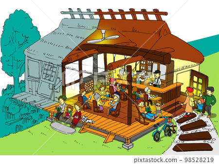 A before and after illustration of a vacant old house renovated into a community cafe where many generations gather A before and after illustration of a vacant old house renovated into a community cafe where many generations gather 98528219