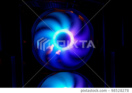 Colorful bright rainbow led rgb pc fan air case cooler. Computer chassis. Gaming modding, technology concept and IT background. 98528278