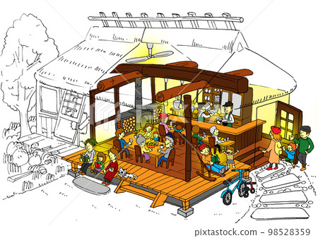 A before and after illustration of a vacant old house renovated into a community cafe where many generations gather 98528359