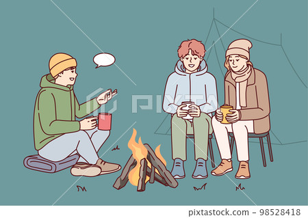 Young people communicate while sitting around campfire during camping trip in nature. Vector image Young people communicate while sitting around campfire during camping trip in nature. Vector image 98528418