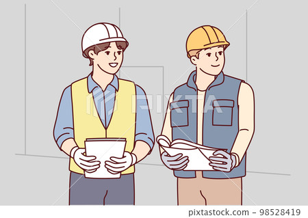 Two male builders in worker uniform look to side discussing construction process. Vector image Two male builders in worker uniform look to side discussing construction process. Vector image 98528419