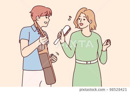 Musical group of man playing guitar and woman with rattle rehearsing new cool tune. Vector image 98528421