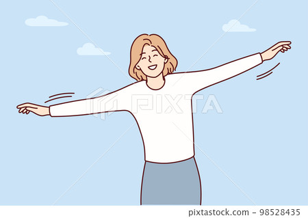 Free woman standing on background of sky with clouds depicts flight of bird. Vector image Free woman standing on background of sky with clouds depicts flight of bird. Vector image 98528435