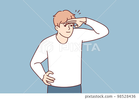 Young man raises hand to forehead to see distant object or protect eyes from sun rays. Vector image Young man raises hand to forehead to see distant object or protect eyes from sun rays. Vector image 98528436