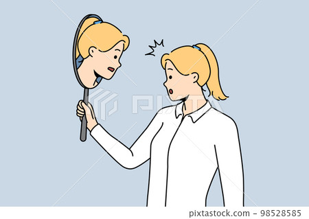 Woman look in mirror think of self-awareness Woman look in mirror think of self-awareness 98528585