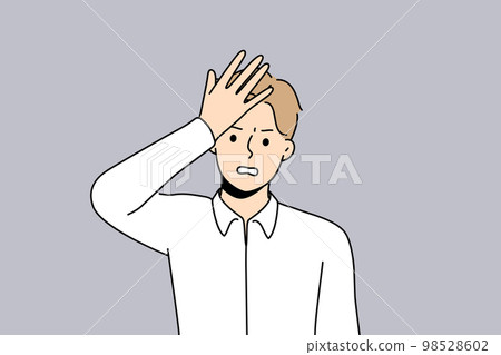 Stressed man make hand gesture remembering something  98528602