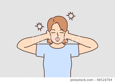 Unhappy woman suffer from excessive noise  98528704