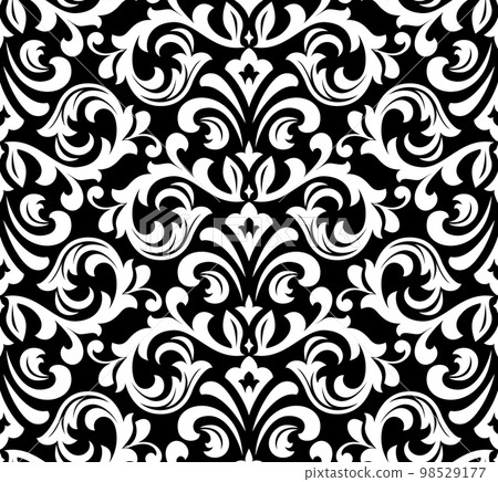 Wallpaper in the style of Baroque. Seamless vector background. White and black floral ornament. Graphic pattern for fabric, wallpaper, packaging. Ornate Damask flower ornament Wallpaper in the style of Baroque. Seamless vector background. White and black floral ornament. Graphic pattern for fabric, wallpaper, packaging. Ornate Damask flower ornament 98529177