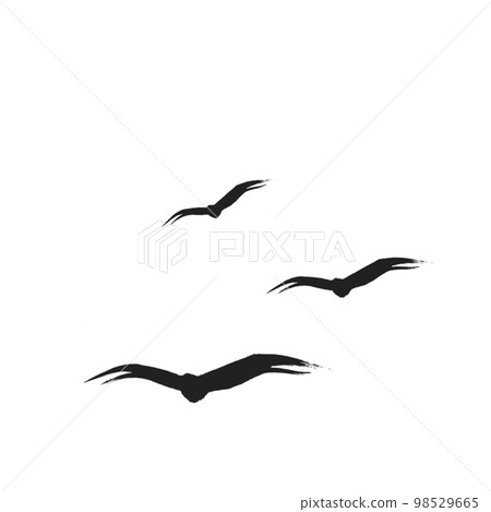 Three stylish brush-drawn birds fly far into the sky 98529665