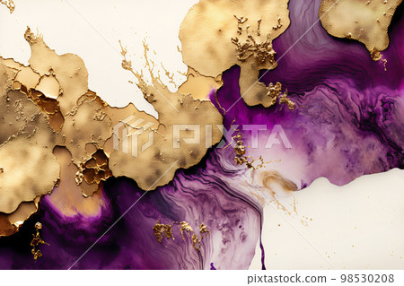 Fluid Art. Liquid purple ink and gold metallic abstract drips and wave. Generative AI illustration 98530208