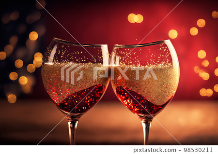 Two champagne glasses on golden bokeh romantic background. Generative AI illustration 98530211
