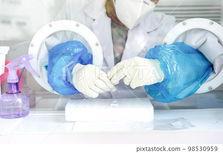 Close up to the rubber gloves on the asian medical staff is processing coronavirus or covid-19 test in the negative room pressure. Close up to the rubber gloves on the asian medical staff is processing coronavirus or covid-19 test in the negative room pressure. 98530959