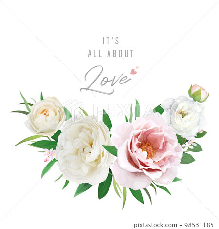 Elegant floral invite, greeting card with watercolor style blush pink peony, white rose, greenery garden leaves, wreath bouquet decoration. Wedding, birthday, celebration illustration. Editable vector Elegant floral invite, greeting card with watercolor style blush pink peony, white rose, greenery garden leaves, wreath bouquet decoration. Wedding, birthday, celebration illustration. Editable vector 98531185