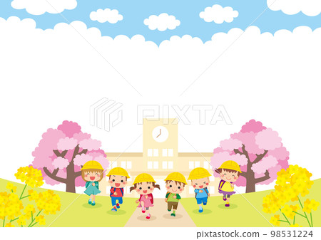 Illustration of a group of cute elementary school students running from elementary school background template copy space Illustration of a group of cute elementary school students running from elementary school background template copy space 98531224