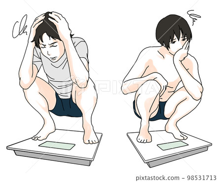 Illustration of a man worried about getting on a weight scale Illustration of a man worried about getting on a weight scale 98531713