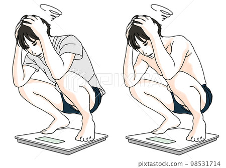 Illustration of a man holding his head on a weight scale 98531714