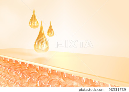Gold oil drops, serum or collagen essence on skin cells, mockup banner 3d render. Cosmetic skincare product with abstract bubbles of skin layer, macro design structure adipose tissue 98531789