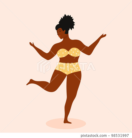 Plus size african american woman in swimsuit dancing. Body positive, acceptance, feminism, fitness, sport concept. Plus size african american woman in swimsuit dancing. Body positive, acceptance, feminism, fitness, sport concept. 98531997