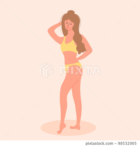 Pretty woman in swimsuit is posing. Body positive, acceptance, feminism, fitness, sport concept. 98532005